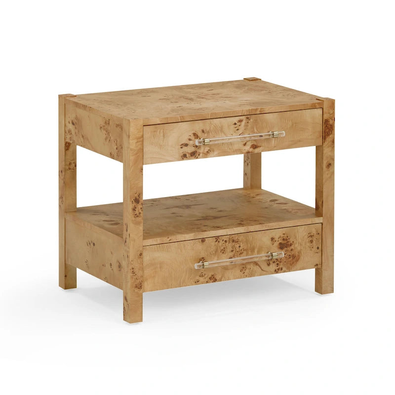 Acacia Wood 2-Drawer Nightstand with Rustic Brass Accents