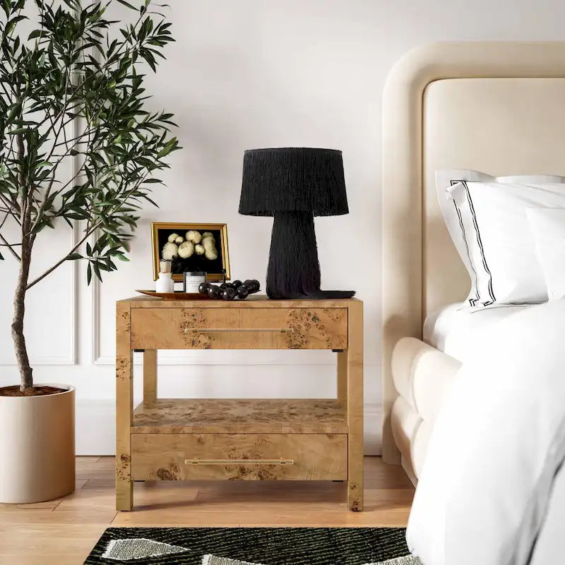 Acacia Wood 2-Drawer Nightstand with Rustic Brass Accents
