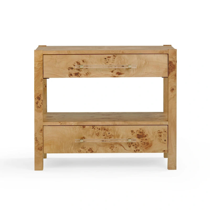 Acacia Wood 2-Drawer Nightstand with Rustic Brass Accents