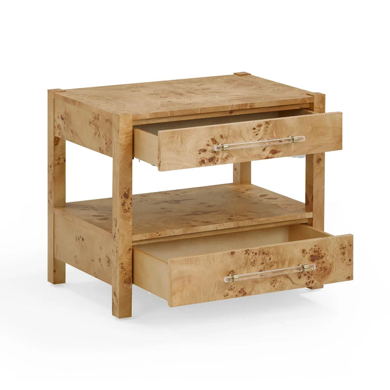 Acacia Wood 2-Drawer Nightstand with Rustic Brass Accents