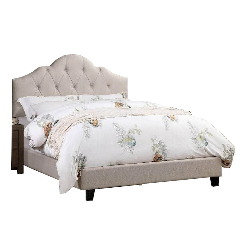 Eni Upholstered Queen Size Bed, Tufted Adjustable Headboard, Taupe Fabric