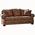 Rustic Brown Buckskin Fabric Sofa with Nailhead Trim & Walnut Legs