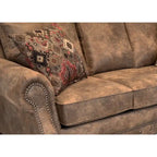 Rustic Brown Buckskin Fabric Sofa with Nailhead Trim & Walnut Legs