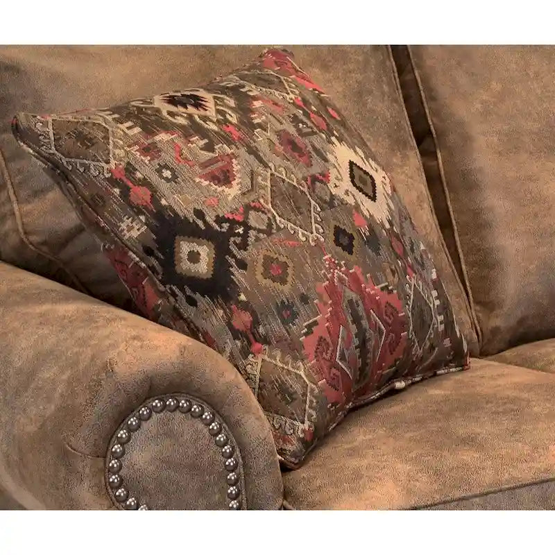 Rustic Brown Buckskin Fabric Sofa with Nailhead Trim & Walnut Legs