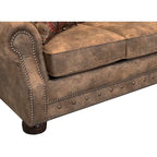 Rustic Brown Buckskin Fabric Sofa with Nailhead Trim & Walnut Legs