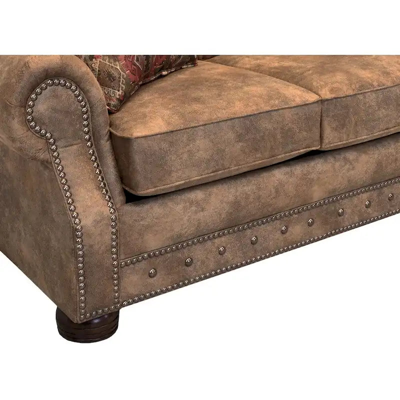 Rustic Brown Buckskin Fabric Sofa with Nailhead Trim & Walnut Legs