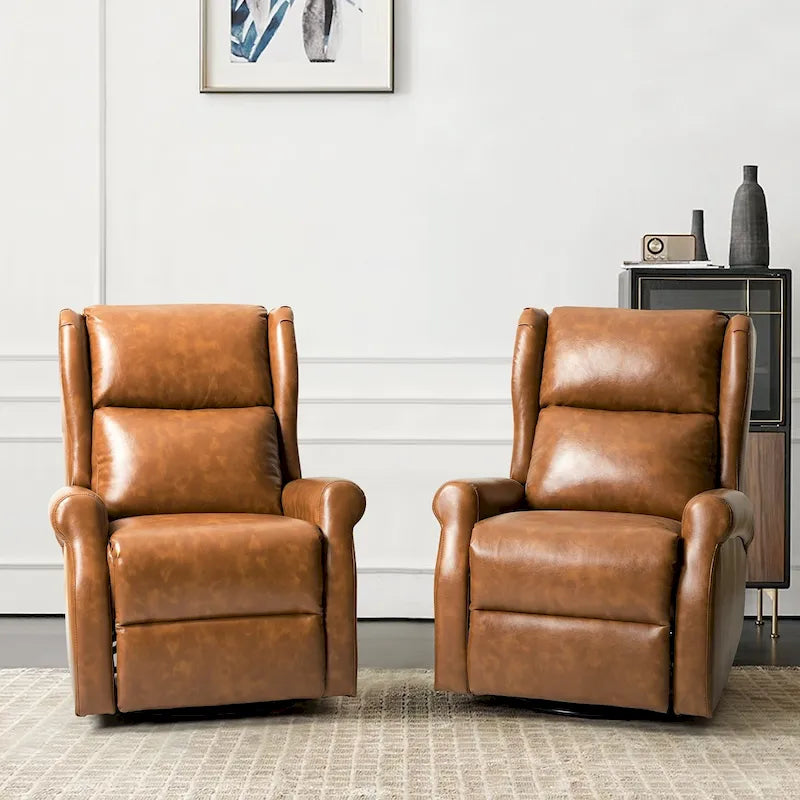 Swivel Faux Leather Recliner with Hidden Footrest & Pocket, Set of 2