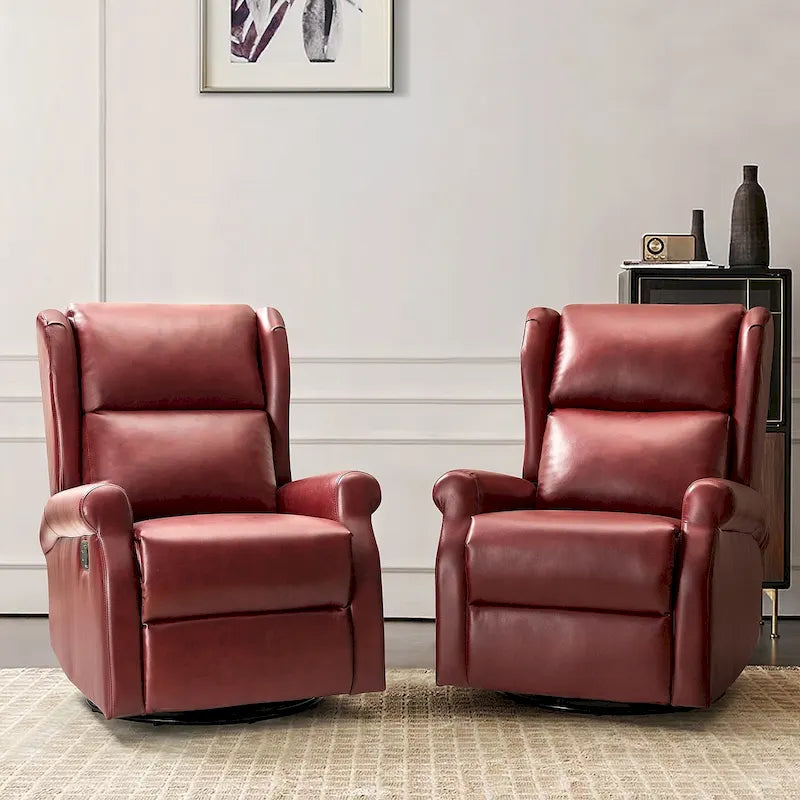 Swivel Faux Leather Recliner with Hidden Footrest & Pocket, Set of 2