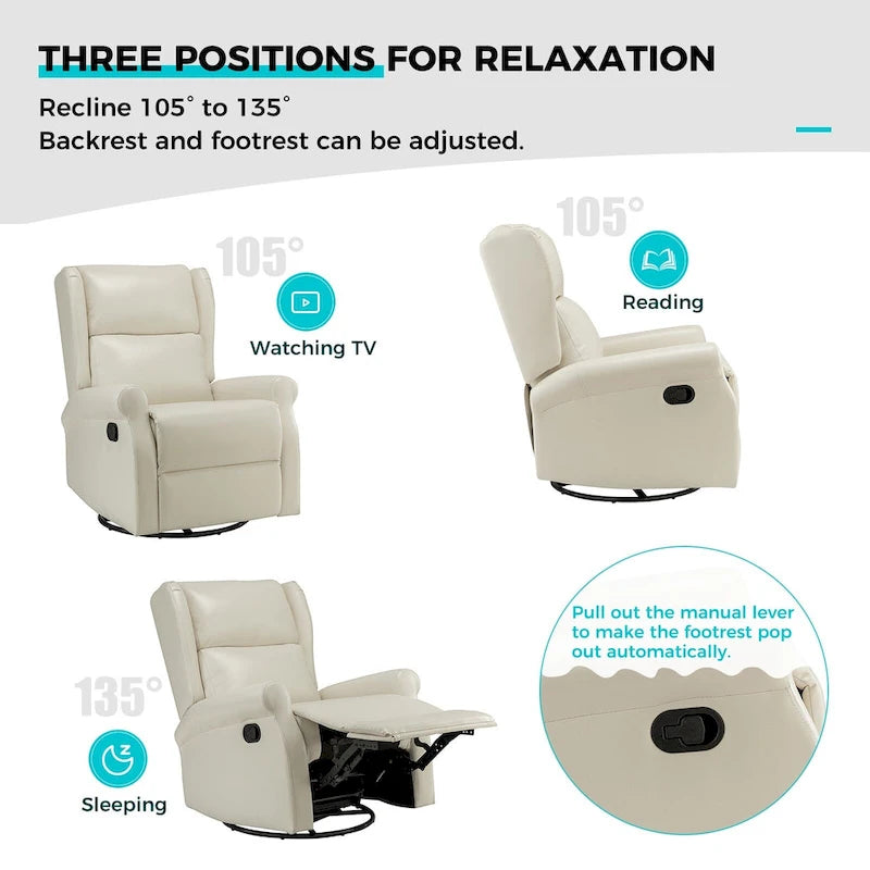 Swivel Faux Leather Recliner with Hidden Footrest & Pocket, Set of 2