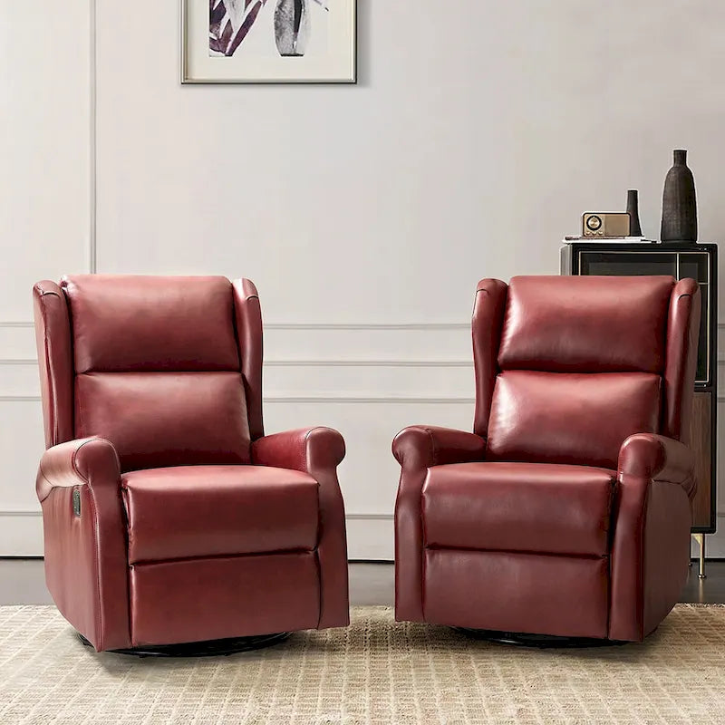 Swivel Faux Leather Recliner with Hidden Footrest & Pocket, Set of 2