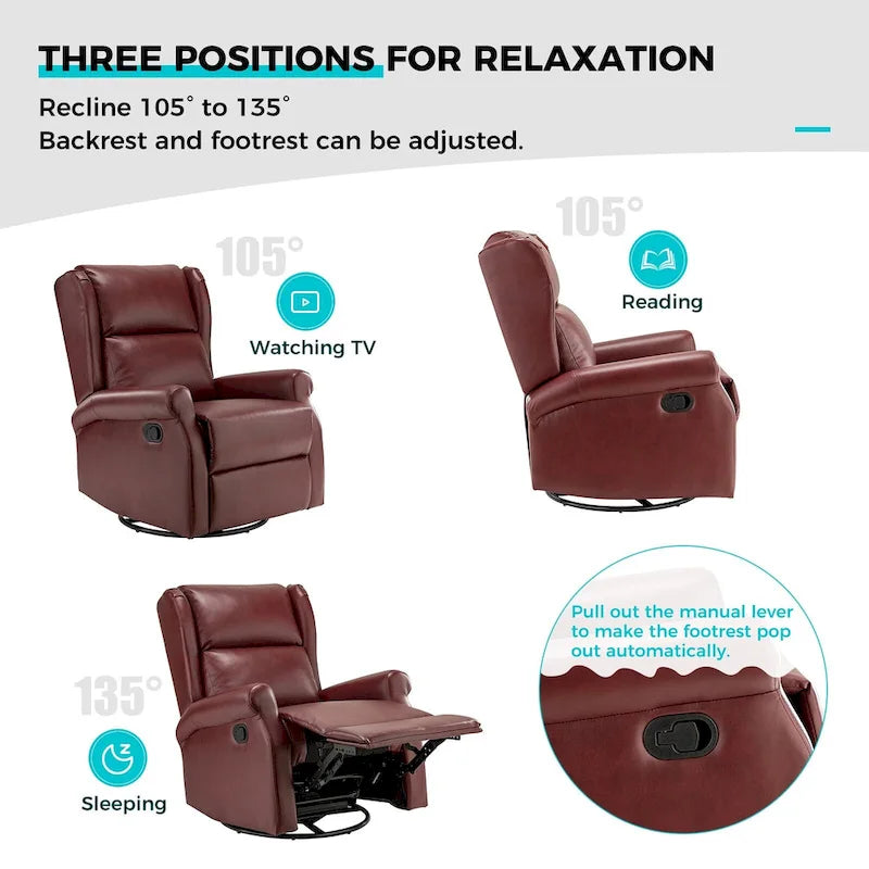 Swivel Faux Leather Recliner with Hidden Footrest & Pocket, Set of 2