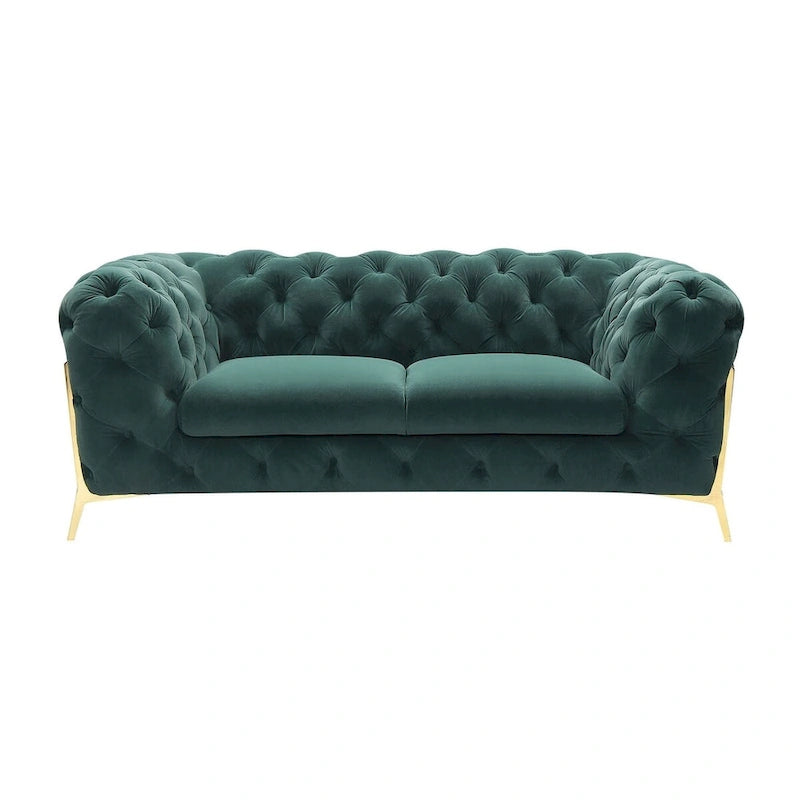 Emerald Green Velvet Tufted Loveseat with Polished Gold Legs