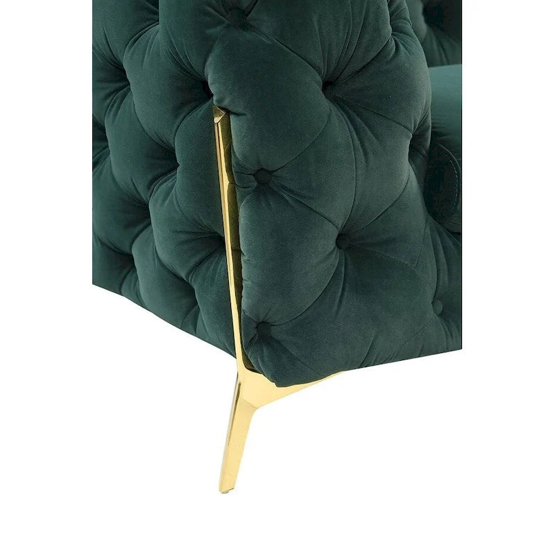 Emerald Green Velvet Tufted Loveseat with Polished Gold Legs
