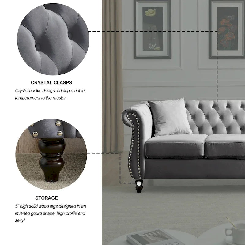 3-Seater Chesterfield Upholstered Tufted Sofa with Rolled Arms and Nailhead