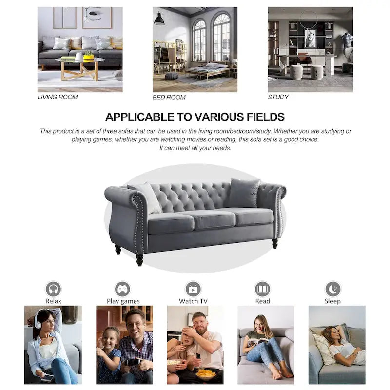 3-Seater Chesterfield Upholstered Tufted Sofa with Rolled Arms and Nailhead