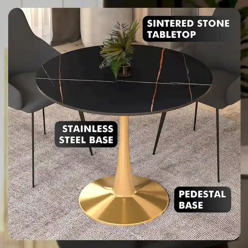 Bristol 31 Round Dining Table for 4 with Sintered Stone Tabletop in Gold Steel Base for Kitchen & Dining Room