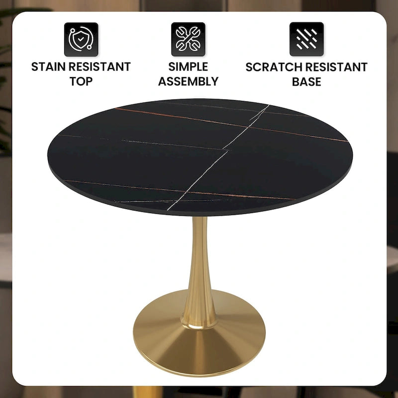 Bristol 31 Round Dining Table for 4 with Sintered Stone Tabletop in Gold Steel Base for Kitchen & Dining Room