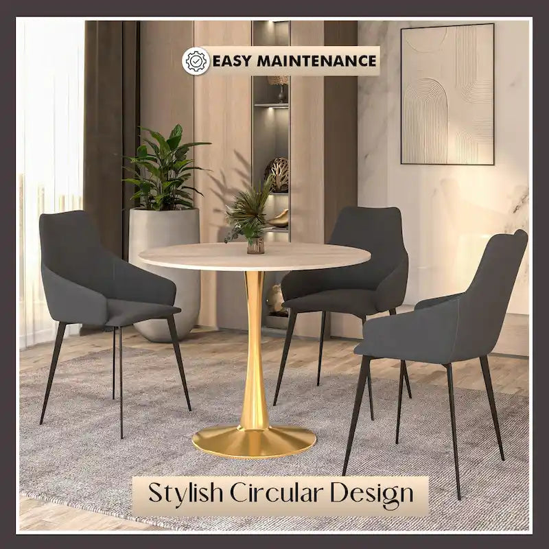 Bristol 31 Round Dining Table for 4 with Sintered Stone Tabletop in Gold Steel Base for Kitchen & Dining Room