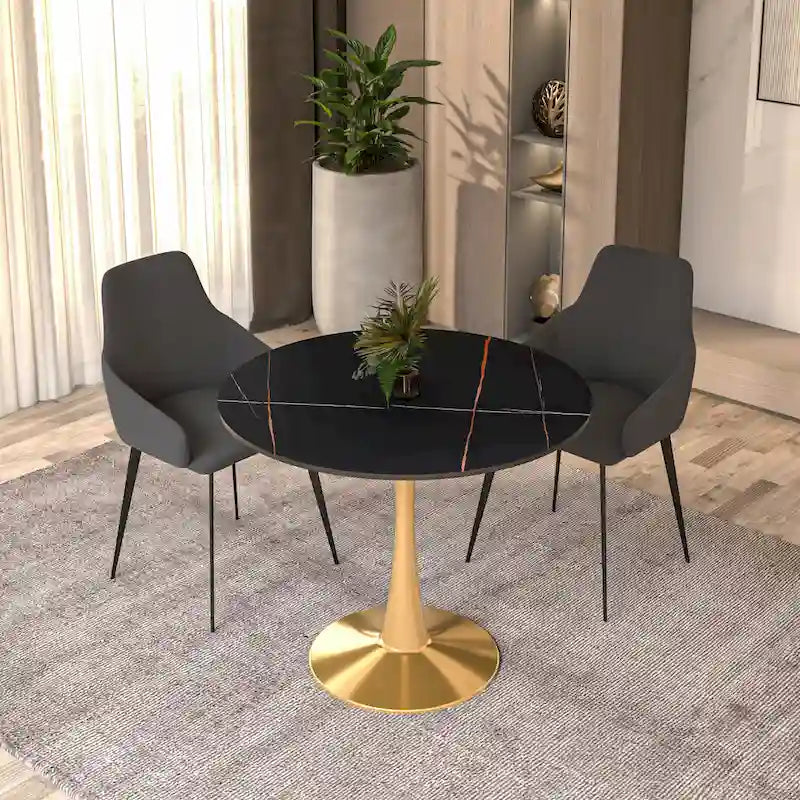 Bristol 31 Round Dining Table for 4 with Sintered Stone Tabletop in Gold Steel Base for Kitchen & Dining Room