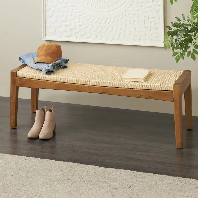 Wood Handmade Traditional Home Bench with Rope Wrapped Seat - Brown - Roche River Decor